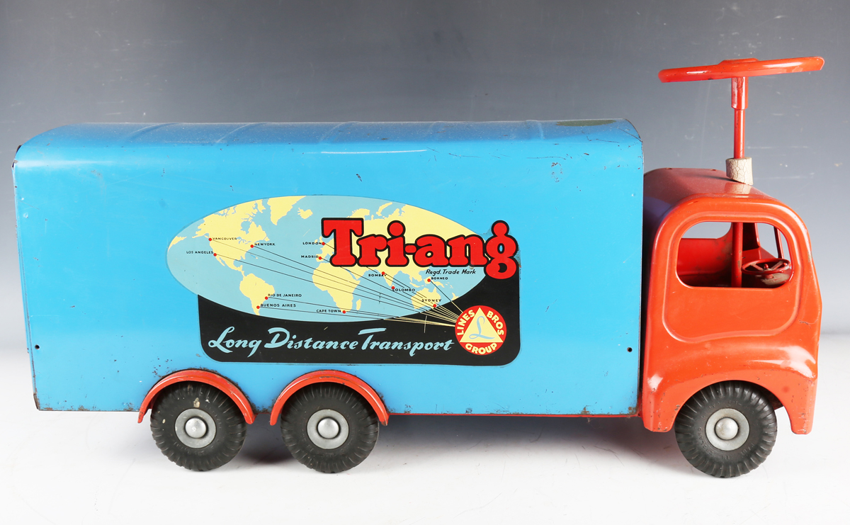 A Tri-ang pressed steel sit-on Long Distance Transport lorry, finished in red and blue, length - Image 5 of 6