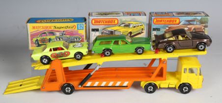 A collection of Matchbox 1-75 vehicles, including Superfast No. 62 Rat Rod dragster, New No. 74