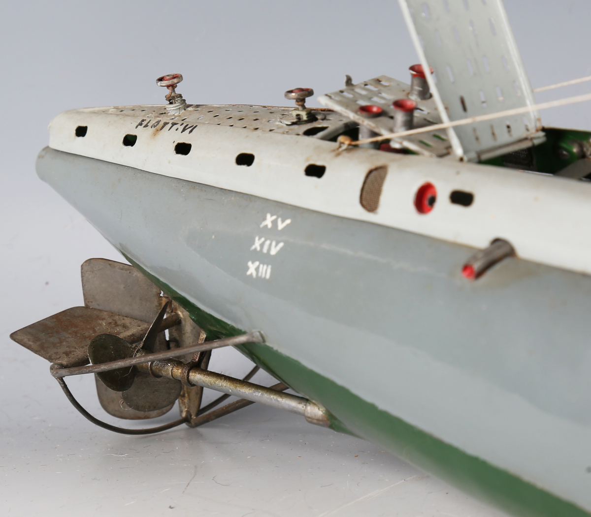 A tinplate battery powered submarine, the conning tower with periscope, antenna and guard rail, - Image 7 of 9