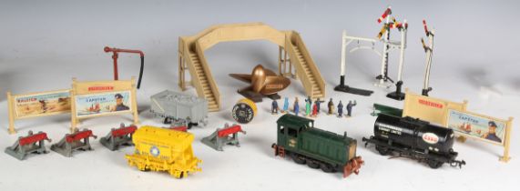 A collection of Hornby Dublo three-rail items, including EDLT 20 locomotive 'Bristol Castle' and