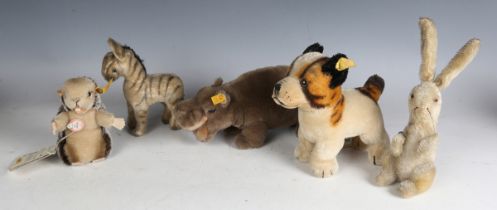 Five Steiff mohair soft toys, comprising Nagy 1958, Mockili Baby, standing dog, zebra and rabbit.
