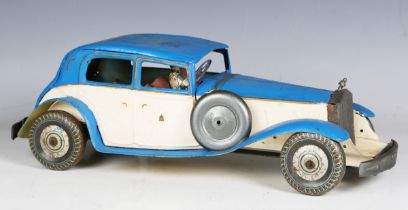 A Mettoy tinplate clockwork Rolls-Royce, finished in blue and cream, with driver, length 38cm (