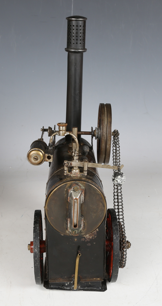 A portable steam engine, probably Doll & Co, with chimney, three-wick burner, flywheel with single - Image 4 of 9