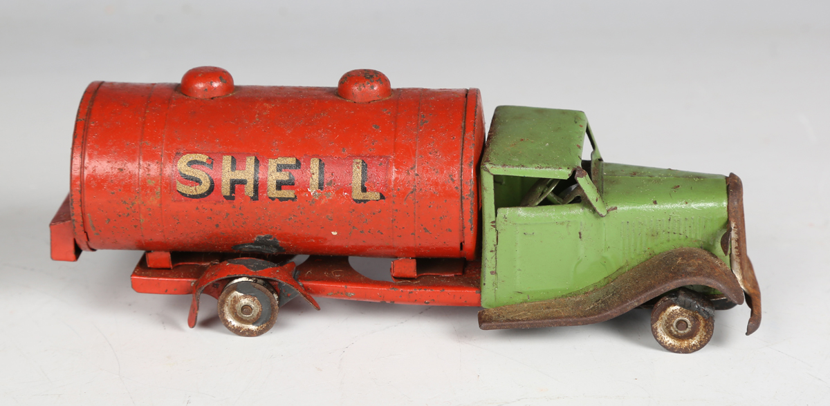 Six Tri-ang Minic tinplate clockwork vehicles, comprising pre-war 15M petrol tanker 'Shell/BP', - Image 2 of 7