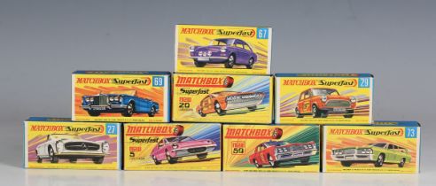 Five Matchbox Superfast cars, comprising No. 27 Mercedes 230 SL, No. 29 Racing Mini, No. 67