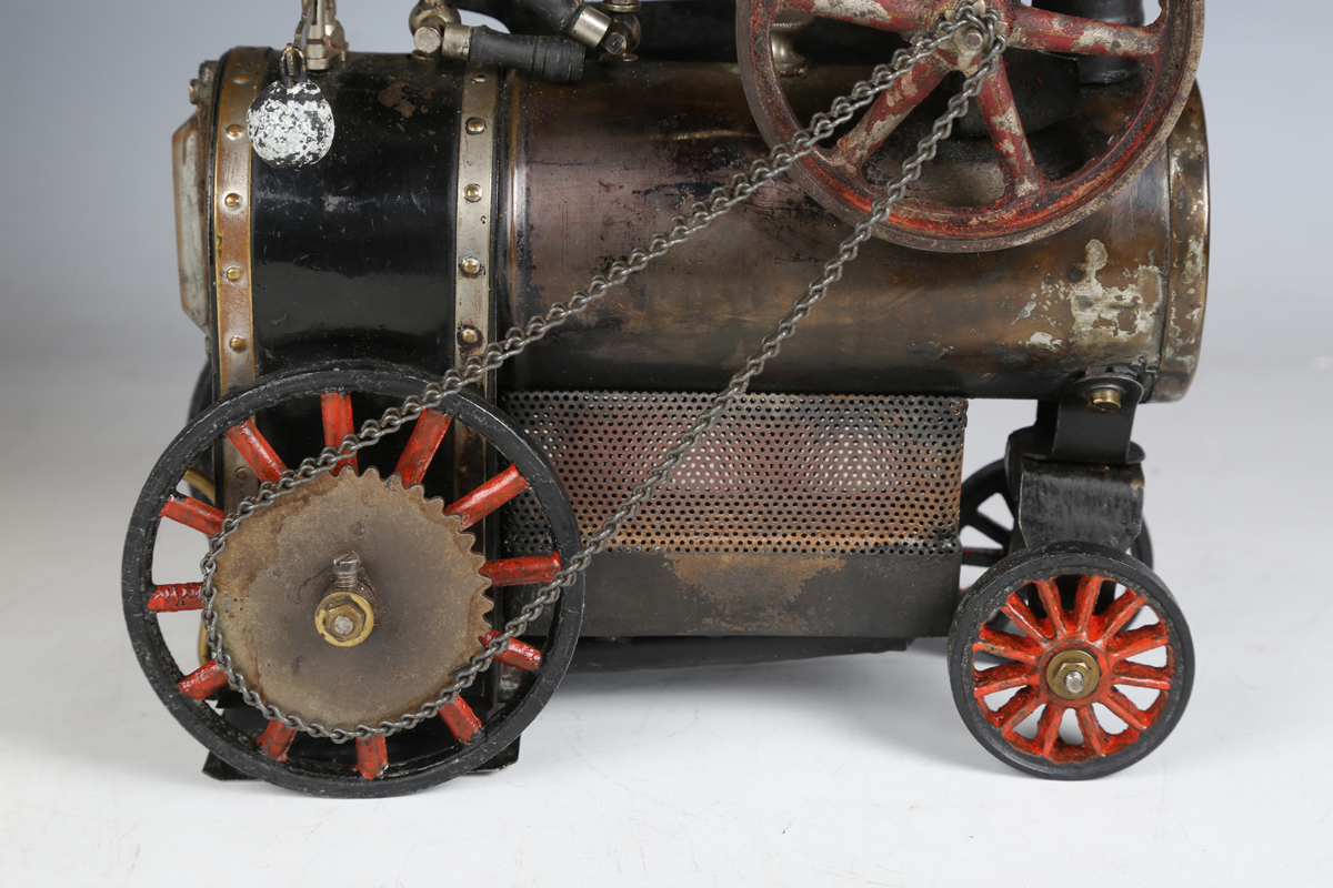 A portable steam engine, probably Doll & Co, with chimney, three-wick burner, flywheel with single - Image 7 of 9