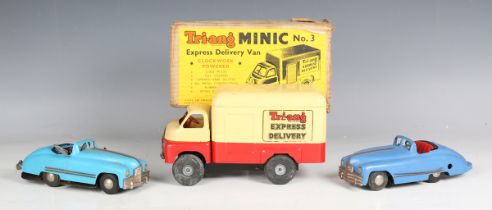 A Tri-ang Minic No 3 Express Delivery van, boxed, and two Minic clockwork plastic bodied open top