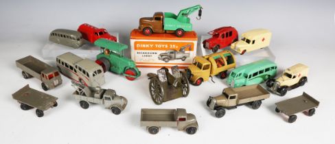 Sixteen Dinky Toys commercial and emergency vehicles, including No. 25x breakdown lorry, boxed, 25