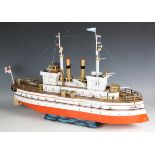 A modern tinplate model of HMS Terrible with Wilesco spirit-fired motor, the hull finished in and