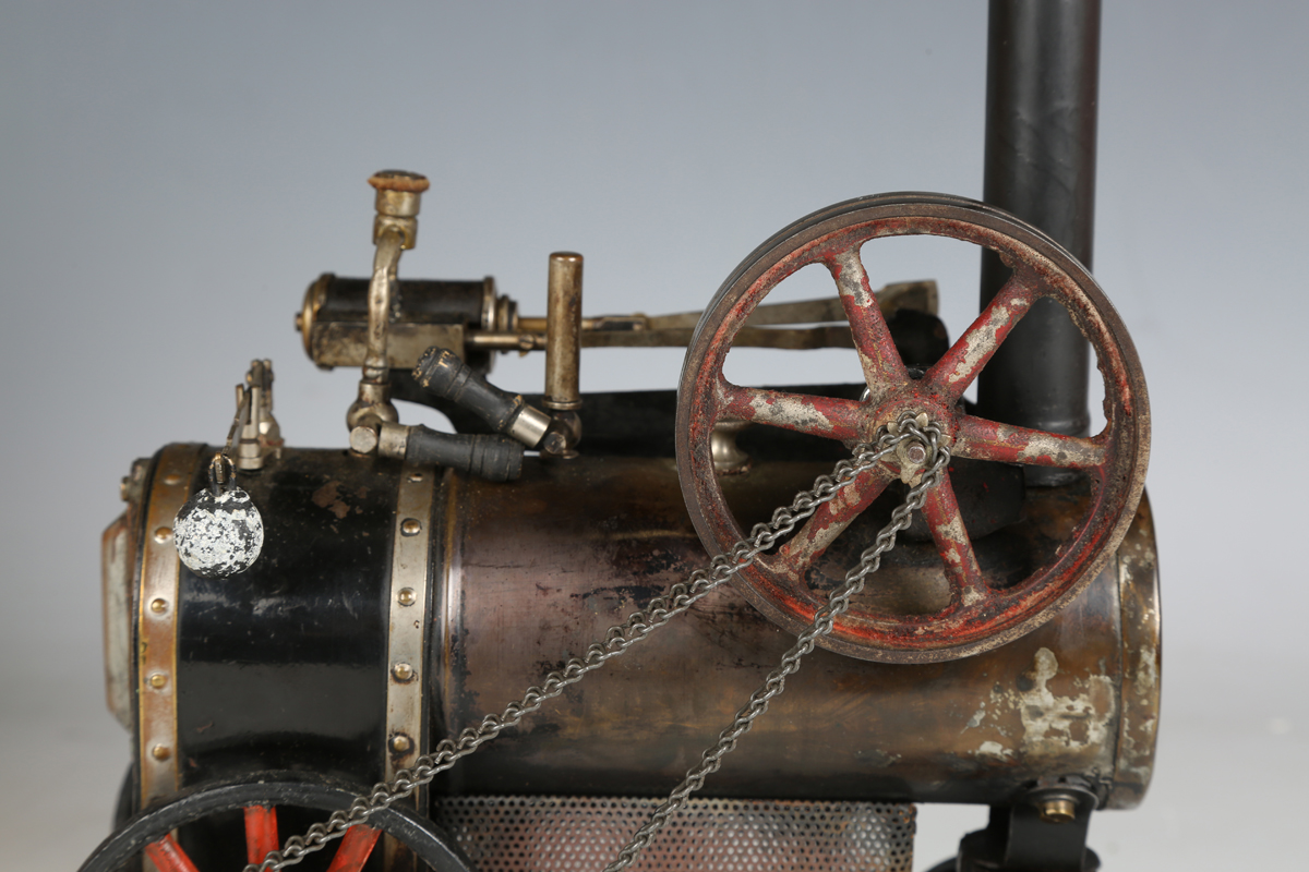 A portable steam engine, probably Doll & Co, with chimney, three-wick burner, flywheel with single - Image 8 of 9