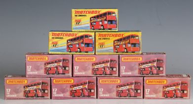 Ten Matchbox No. 17 The Londoner buses, various advertising including 'Carnaby Street', 'Bisto'