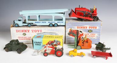 A small collection of diecast vehicles, comprising Dinky Toys No. 582 Pullmore car transporter