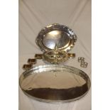 A large silver plated oval tea tray with pierced gallery,