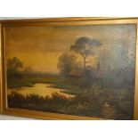 Artist Unknown - oil on canvas Rural pond scene with thatched cottage, indistinctly signed,