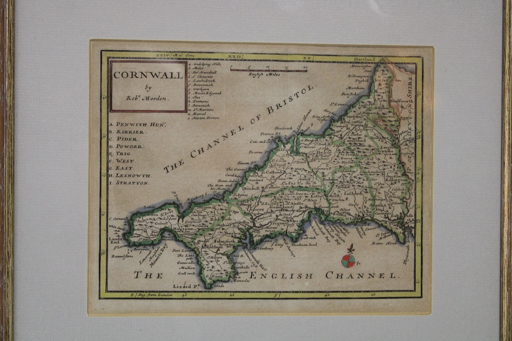 An 18th century hand coloured map of Cornwall after Robert Morden,