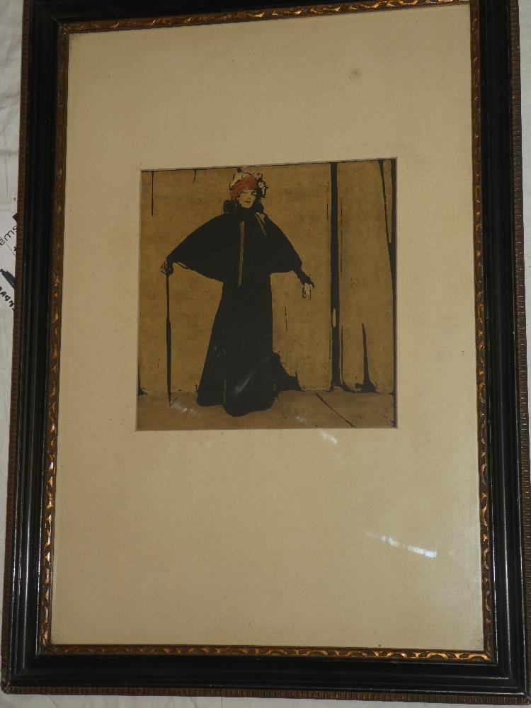 A coloured wood-block print - full length portrait of Sarah Bernhardt after Sir William Nicholson,