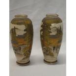 A pair of Japanese Satsuma pottery tapered vases with painted figure and landscape decoration,