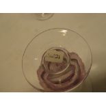 Four art glass tapered goblets with amethyst tinted stems, indistinctly signed,