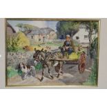R** Mills - watercolour Farmyard scene with figure in a cart,