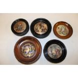 Five 19th century Prattware pottery circular pot lids including "The Best Card/On Guard" and others