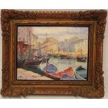 P** Font - oil on board Continental harbour scene with boats,