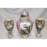 A Continental china vase and cover with figured and floral decorated panels,