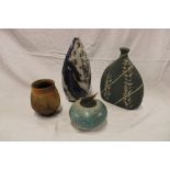 Four pieces of Studio pottery including tapered "Blue Lias" vase by Susan Lukar 10½" high;