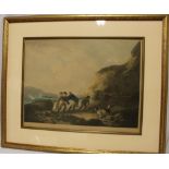 A 19th century coloured engraving depicting figures hauling a boat on the shoreline,