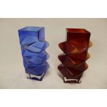 A pair of 1970's modernist red and blue angular Finland "Pablo" vases by E.