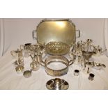 A selection of various electroplated items including rectangular two handled tray, serving dish,