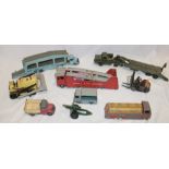 A Dinky Supertoys Pullmore Car Transporter, Dinky 984 Car Carrier, Bulldozer, AEC Monarch Tanker,