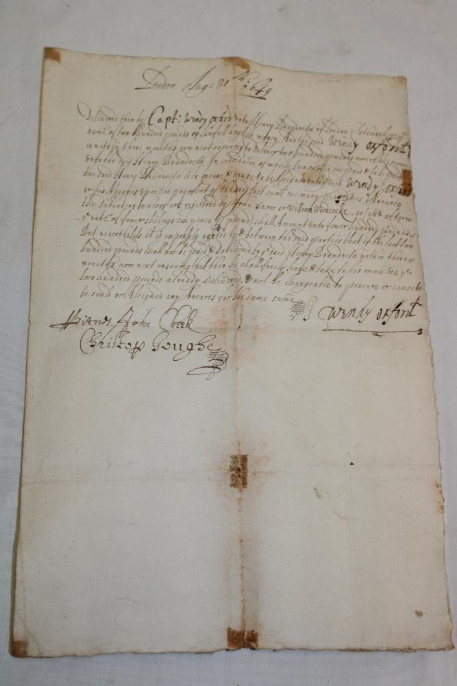 An English Civil War 1649 hand written letter from Captain Wendy Oxford pledging funds to various