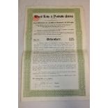 A 1915 Cornish Mining share certificate for Wheal Kitty and Penhalls United - debenture £25