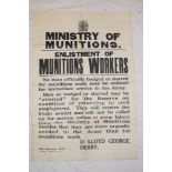 An original First War 1915 Ministry of Munitions poster "Enlistment of Munitions Workers - No Man