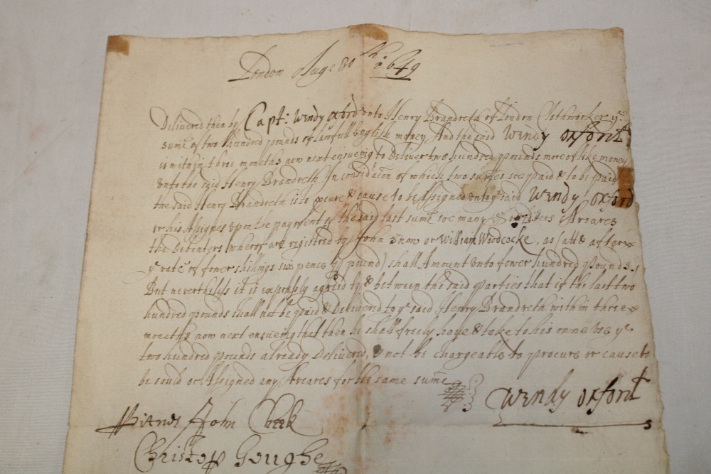 An English Civil War 1649 hand written letter from Captain Wendy Oxford pledging funds to various - Image 2 of 2