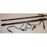 Two brown leather covered sword scabbards and three various sword knots etc.
