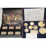 A Winston Churchill nine-piece commemorative coin/medallion set and a cased gilt VE Day