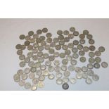 A selection of over 100 various pre-1947 silver 3d coins