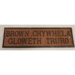 An old Cornish bronze rectangular name plate "Brown Chywhela Gloweth Truro" 5" x 15½"