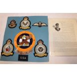 A selection of R.A.F. Eagle Squadron patches, R.A.F. wings, leather Squadron patch signed by U.S.
