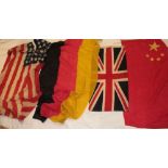 Four various small linen flags including Union Jack,