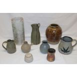 A selection of various studio pottery including vases,