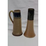 A Royal Doulton pottery tapered spill vase with green glazed neck 10" high and one other similar