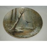 A Copeland pottery circular plaque with winter landscape and bird decoration signed H Besche,