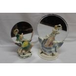 An Art Deco china female dancing figure with attached circular mirror on circular base,