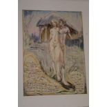 Artist Unknown - watercolour A study of Adam and Eve with text 15" x 11"