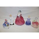 Five Royal Doulton china figures including "Genevieve, Monica, Marie,