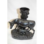 A Victorian Jackfield black glazed spill vase with cow and calf decoration 11" high