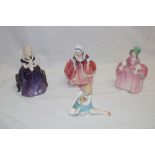 Four various Royal Doulton china female figures including "Affection/My Pet/Bo Peep/Goody Two
