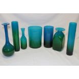 Seven various Swedish glass green and blue tinted vases in varying shapes